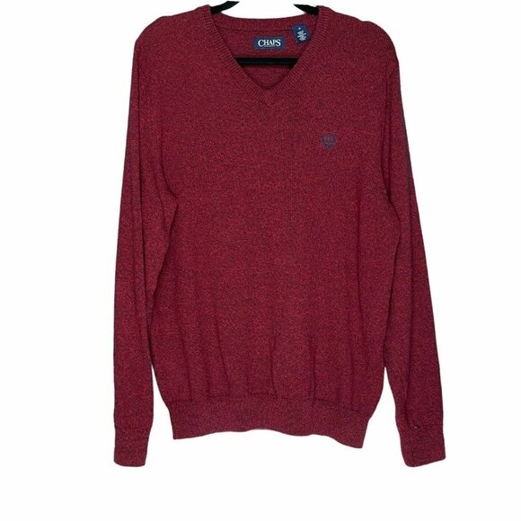Chaps Sweater Men's Sz M Pullover V-Neck Ribbed Hem Embroidered Logo Knit Red - Picture 1 of 8